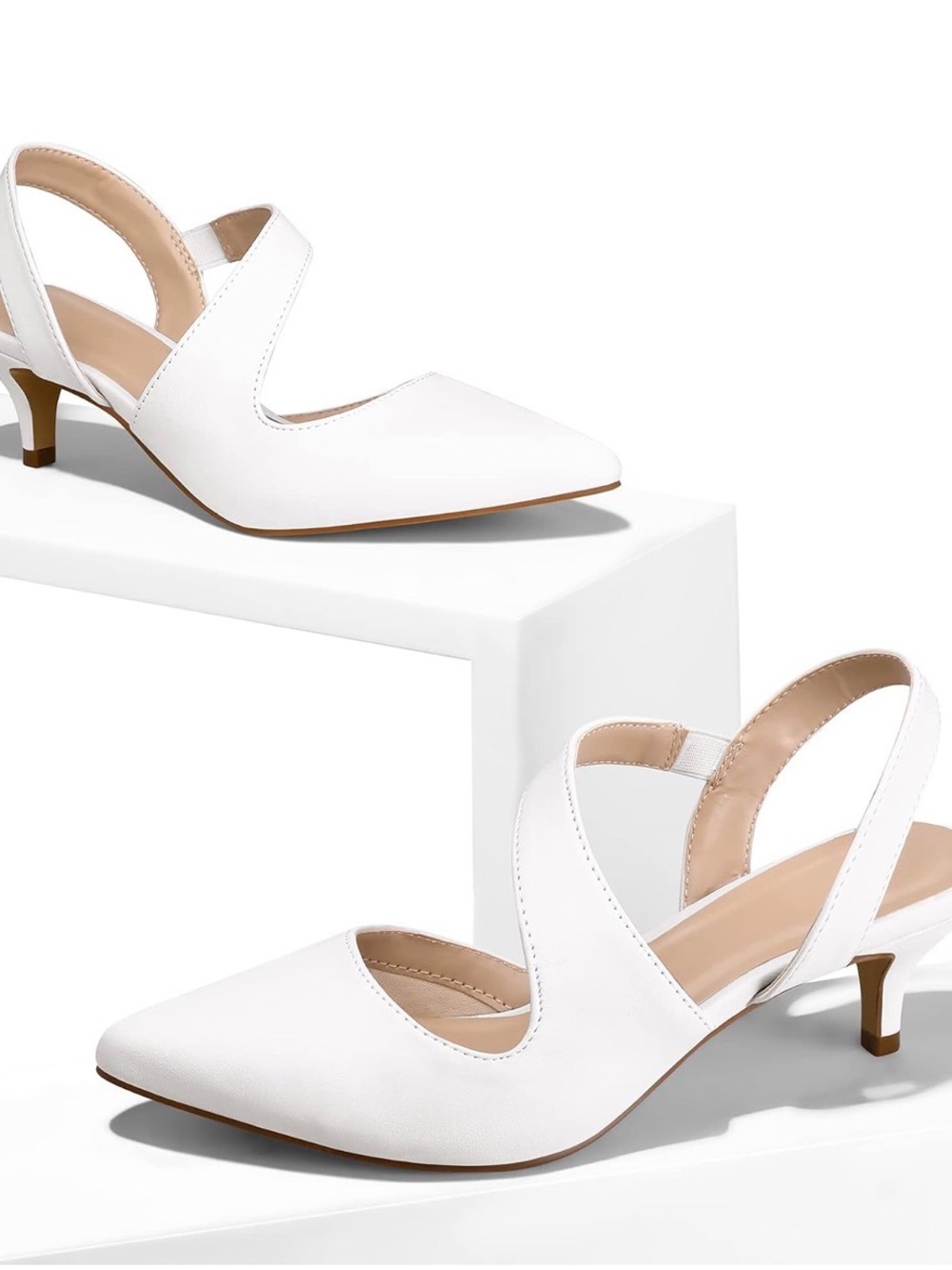 White Pointed-Toe Slingback Kitten Heel Pumps - Women's 10